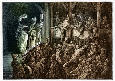 劇場：演劇上演中の観客。ギュスターヴ・ドーレ（1832-1883）が挿絵を描いた『ロンドン、巡礼の旅』のカラフルなエングレーヴィング。 作： Gustave Dore