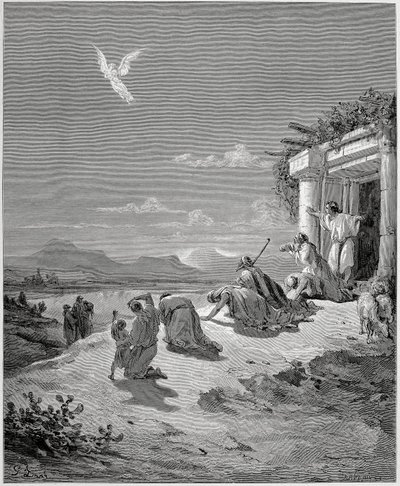 トビアスの家族は、天使ラファエルが姿を消すのを見る 作： Gustave Dore