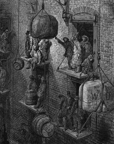 ヴィクトリア朝時代のロンドンの倉庫 作： Gustave Dore