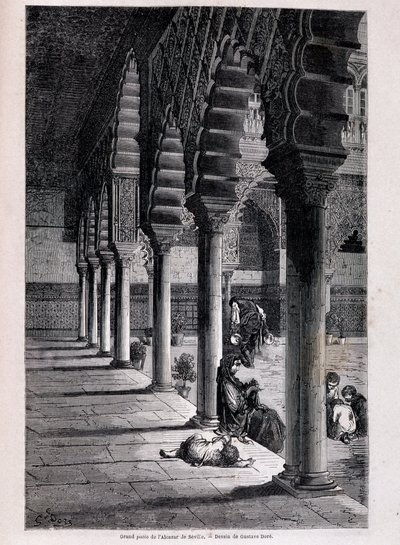 セビーリャのアルカサルの大パティオの眺め - ドレ作、「Tour du Monde」2学期号に掲載。1866. 作： Gustave Dore