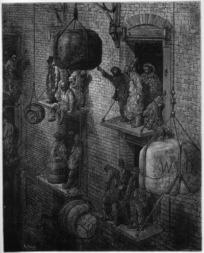 市街地の倉庫-ウィリアム・ブランチャード・ジェロルド（1826-94）著「ロンドン、巡礼」より-ギュスターヴ・ドーアの挿絵-1872年-。 作： Gustave Dore