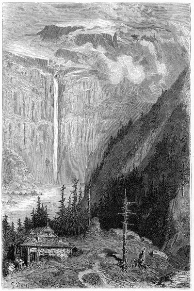 宿から見たシルク・ド・ガヴァルニーの滝：イポリット・テーヌ著『Voyage aux Pyrenees』（アシェット社、1860年）の挿絵を描いたギュスターヴ・ドーアの版画。 作： Gustave Dore