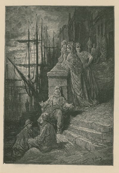 テムズ川沿いの階段を上ったウォーターマンの家族 作： Gustave Dore