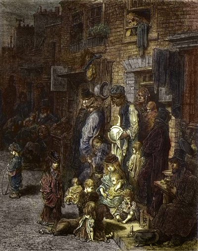 ホワイトチャペルのウェントワース・ストリート - ウィリアム・ブランチャード・ジェロルド（1826-94）著「ロンドン、ある巡礼」より - グスタフ・ドーアのイラスト - 1872年 - 。 作： Gustave Dore