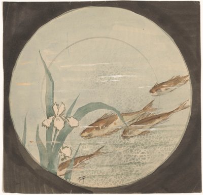 白い菖蒲に対して 4 匹の茶色の魚が泳いでいるプレートのデザイン 作： Gustave Fraipont (signed by artist)