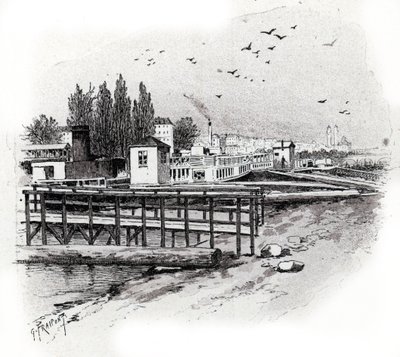 パリのセーヌ川にある水上バス (通勤船) の修理工場 ギュスターヴ・フライポン (1849-1923) によるドローイングは、サン＝ジャッジの「La seine a travers Paris」からのドローイング 作： Gustave Fraipont