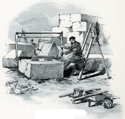 サン マルタン運河沿いの石工、ヴァルミー通り、パリ ギュスターヴ フライポン (1849-1923) によるドローイングは、サン ジュワールの「La seine a travers Paris」からのドローイングです。 作： Gustave Fraipont