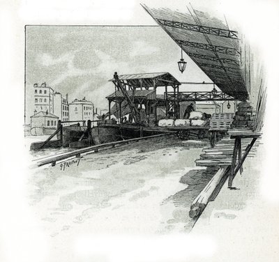パリ、ラ ヴィレット港の波止場 ギュスターヴ フライポン (1849-1923) によるドローイングは、サン ジュワールの「La seine a travers Paris」からのドローイングです。 作： Gustave Fraipont