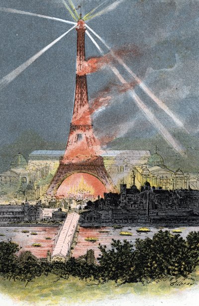 Torre Eiffel iluminada durante a feira mundial de Paris 1889 Desenho de Gustave Fraipont (1849-1923) baseado em “La seine a travers Paris” de Saint-Juirs 作： Gustave Fraipont