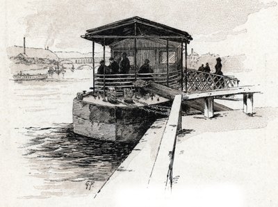 Embarcadere des Bateaux-mouches (Bateaux-mouches) sur la Seine, Paris (パリ、セーヌ川の観光船桟橋の眺め) Gustave Fraipont (1849-1923) のドローイングは Saint-Juirs の「La seine a travers Paris」からのドローイング」 作： Gustave Fraipont