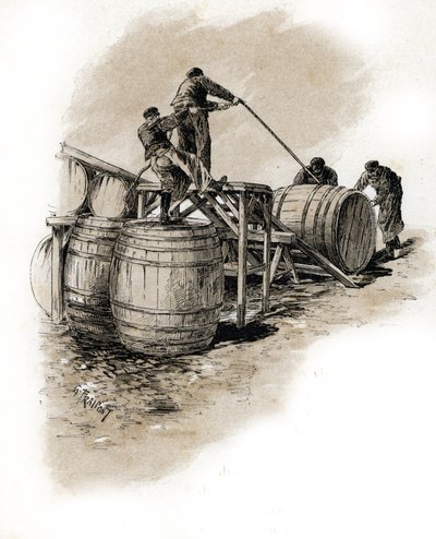 Le stacking des tonneaux de vin, Bercy Paris (パリ、ベルシーのワイン樽を杭打ちするドッカーズ) ギュスターヴ・フランポン (1849-1923) によるドローイングは、サン・ジュールの「La seine a travers Paris」から引用 作： Gustave Fraipont