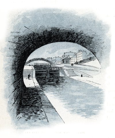 Les ecluses du canal saint Martin, paris (パリ、サン マルタン運河の閘門の眺め) ギュスターヴ フライポン (1849-1923) によるデッサンは、サン ジュワールの「La seine a travers Paris」からの抜粋です。 作： Gustave Fraipont