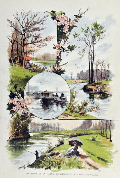 1887年、マルヌ川の端、シャラントンからノガンまで。Gustave Fraipont（1849-1923）によるイラスト 1887年「Paris-Illustrous journal weekly」に掲載されたエングレーヴィング。 作： Gustave Fraipont
