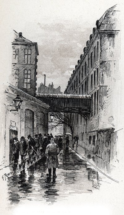 Vista de um albergue (doss-house ou doss house) na rue de la Bucherie no distrito de Maubert, Paris Desenho de Gustave Fraipont (1849-1923) de Saint-Jurs 作： Gustave Fraipont