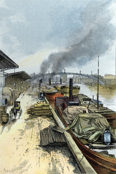 パリのラ ヴィレット運河の眺め ギュスターヴ フライポン (1849-1923) によるサン ジュワールの絵 作： Gustave Fraipont