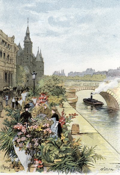 View of the flower market, Ile de la Cite, Paris Drawing by Gustave Fraipont (1849-1923) from Saint-Juirs   1439435   ja       japanese Successfully Translated  Original: Krishna And Yashoda (gouache, silver, and gold leaf on paper) Translat: Krishna And Y 作： Gustave Fraipont
