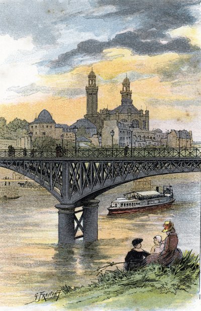 パリのパッシー (現在のビル アケイム橋) の歩道橋の眺め ギュスターヴ フライポン (1849-1923) がサン ジュワールから描いた絵 作： Gustave Fraipont