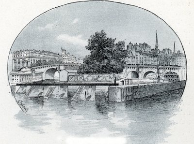 パリのホテル・デ・モネの前にあるモネのロックの眺め ギュスターヴ・フライポン (1849-1923) によるドローイングは、サン・ジュワールの「La seine a travers Paris」からのドローイングです。 作： Gustave Fraipont
