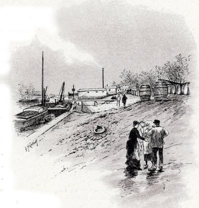 Vista das margens do rio Sena e quai Saint-Bernard, Paris Desenho de Gustave Fraipont (1849-1923) baseado em “La seine a travers Paris” de Saint-Juirs 作： Gustave Fraipont