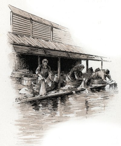 ヴァルミー川岸の洗濯婦、サン マルタン川岸、パリ ギュスターヴ フライポン (1849-1923) のデッサンは、サン ジュワールの「パリを横断するラ セーヌ」から抜粋 作： Gustave Fraipont