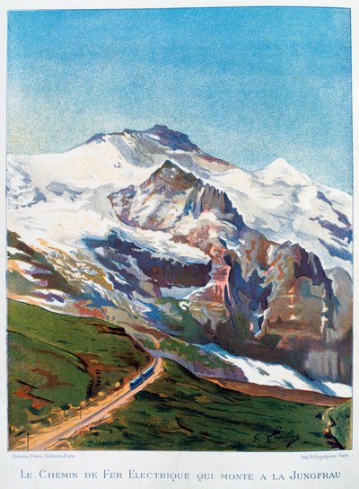 ユングフラウ山への電気鉄道、スイス アルプス、19 世紀 作： Gustave Francois Lasellaz