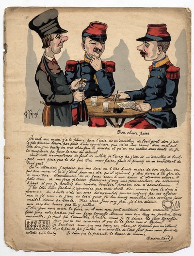 兵士が父に宛てて書いたお金と家族に関する不条理な手紙。 1880 年のコミカルで風刺的な週刊誌「The Pleasant World」に掲載されたギュスターヴ フリソンの絵。 作： Gustave Frison