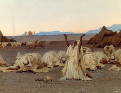 サハラ砂漠の夕べの祈り トゥアレグ族のキャンプの詳細。ギュスターヴ・アシール・ギヨメ（1840-1887）による絵画 1863年 日。1.3×2.8メートル パリ、オルセー美術館 作： Gustave Guillaumet