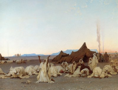 サハラ砂漠の夕べの祈り トゥアレグ族のキャンプの詳細。ギュスターヴ・アシール・ギヨメ（1840-1887）による絵画 1863年 日。1.3×2.8メートル パリ、オルセー美術館 作： Gustave Guillaumet