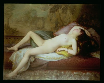 寝椅子に横たわるヌード（キャンバスに油彩） 作： Gustave Henri Eugene Delhumeau