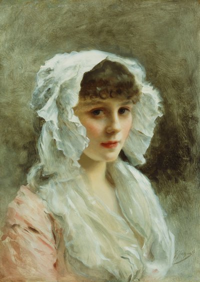 白いボンネットの女性の肖像画、 作： Gustave Jacquet