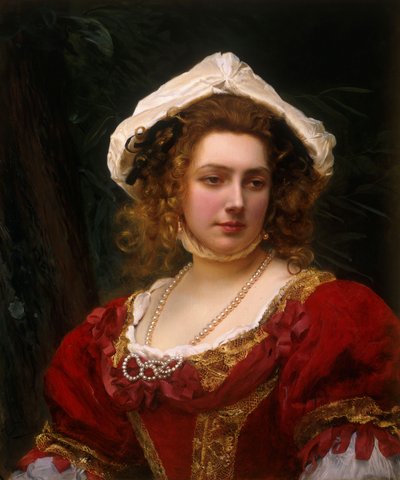 赤いベルベットのドレスを着たエレガントな女性の肖像画 作： Gustave Jacquet