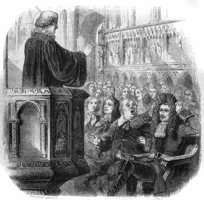 ロシアの皇帝ピョートル1世（1672-1725）は、1716年にオランダの教会を訪問した際、市長のかつらに髪の毛をつけています。グスタフ・ジャネによるエングレーヴィング 作： Gustave Janet