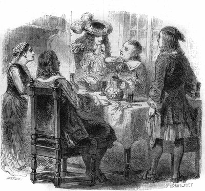 ロシアの皇帝ピョートル大帝（1672-1725）は、カルフ家の一員としてフランスに滞在し、宿主と酔っぱらいのベルナルディーニ侯爵との議論を観察していた。ギュスターヴ・ジャネによるエングレーヴィング 作： Gustave Janet