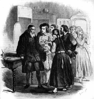 ジュネーブの人々は、ザカリアスのもとに時計を持ち込む。ジュール・ヴェルヌ（1828-1905）の空想物語「マスター・ザカリアスあるいは魂を失った時計師」の挿絵。ギュスターヴ・ジャネによるエングレーヴィング 作： Gustave Janet