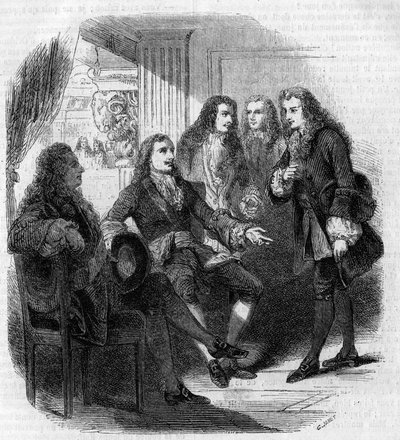 ロシア皇帝ピョートル大帝（1672-1725）とヴォルテール（Francois Marie Arouet, dit）（1694-1778）の出会い。ギュスターヴ・ジャネによるエングレーヴィング 作： Gustave Janet