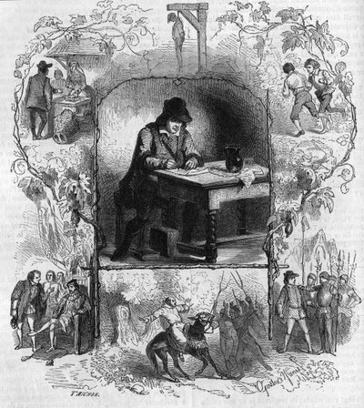 詩人フランソワ・ヴィヨン（1431-1463）が人生の様々なエピソードに囲まれて遺書を書いている様子。ギュスターヴ・ジャネによるエングレーヴィング 作： Gustave Janet