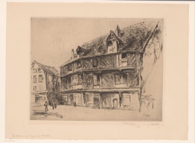シャルトルの家屋や歩行者がいる通り La maison du saumon (Chartres) (オブジェクトのタイトル) 作： Gustave Leheutre (signed by artist)