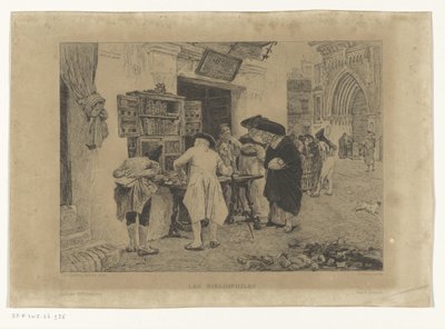 書店のディスプレイの周りに集まった男性 Les Bibliophiles (オブジェクトのタイトル) 作： Gustave Marie Greux
