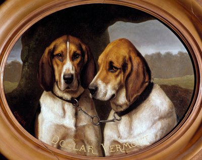 狩猟犬のドルとベルモットの犬の肖像画。 Gustave Mohler (1836-1920) による絵画 1866 Gien、狩猟博物館。 作： Gustave Mohler
