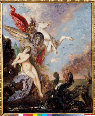 岩に鎖でつながれたアンドロメデはペルセによって運ばれる 絵画：ギュスターヴ・モロー（1826-1898）の作品 作： Gustave Moreau