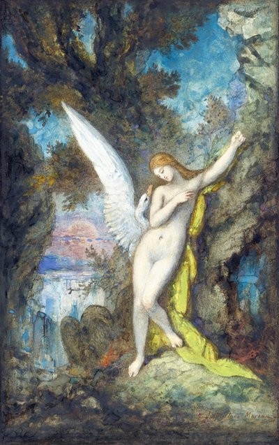 レダと白鳥 par Moreau, Gustave (1826-1898), - 水彩、グワッシュ、紙、34,2x22,2 - プライベートコレクション 作： Gustave Moreau