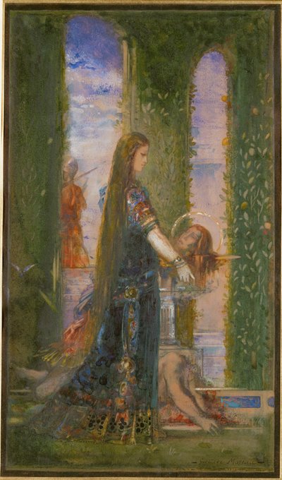庭のサロメ、あるいは洗礼者ヨハネの首を運ぶサロメ（紙に水彩、グワッシュ） 作： Gustave Moreau