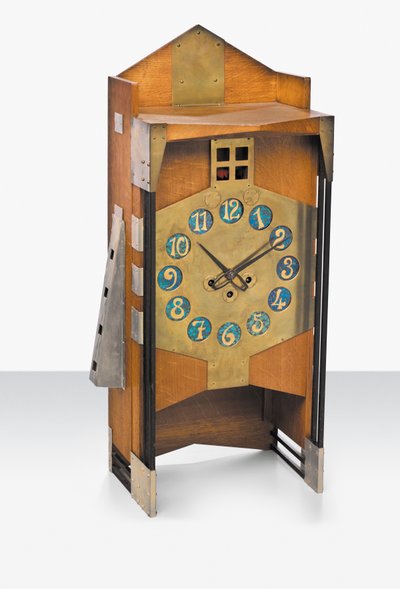 マントルピース時計、1907年頃（オーク、真ちゅう、虹色のLoetzガラスの数字） 作： Gustave Serrurier Bovy
