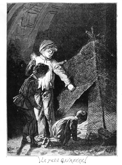 バスティーユ象のガブロシェと彼の2人の兄弟、ビクターユーゴー（1802-85）によるレミゼラブル（1845-62）のイラストc。 1885 作： Gustave after Brion