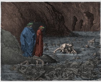 インフェルノ、カント32：Ugolino（Ugolin della Gherardesca）は大司教ルッギエリ（Ruggeri Ubaldini）の頭をかじります 作： Gustave after Dore