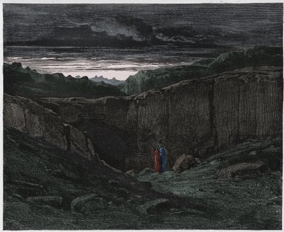 インフェルノ、カント3：地獄の門でのヴァージルとダンテ、ダンテアリギエーリ作「The Divine Comedy」（1885年）（デジタル色の彫刻） 作： Gustave after Dore