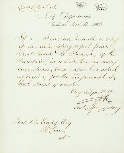 1863年11月2日、ワシントンの海軍省、G.V.Foxの署名入りの手紙がJas.B. Eads [James B. Eads], St. Louis, Mo., 1863年11月2日 作： Gustavus Vasa Fox