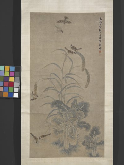 キャベツ、キビ、スズメ（紙にインクとカラー） 作： Guxiang Wang