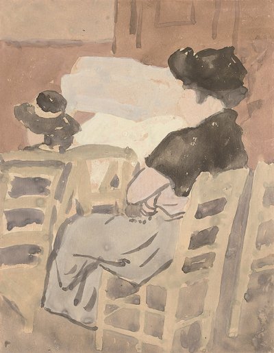 教会内部の女性と少女（紙に水彩） 作： Gwen John