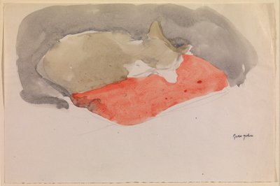 赤いクッションの上で眠っている猫（紙にガッシュと鉛筆） 作： Gwen John